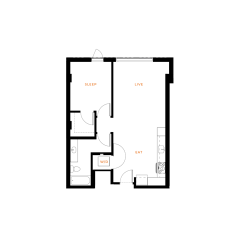 Floor plan for 1 bed, 1 bath, 708 sqft